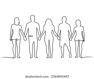 Hand-drawn young people standing and holding each others hands back side view elegant line drawing illustration. 