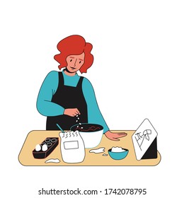 Hand-drawn young woman in an apron prepares homemade food. The cooking process is based on a video tutorial. A person learns to cook.Color vector illustration on an isolated white background.