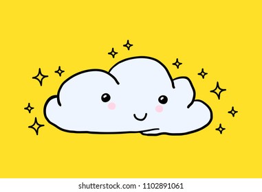 Hand-drawn youth cute Vector Hand-painted smiling cloud, stars. Perfect for baby nursery, children's room ideas, childly clothes. Yellow background