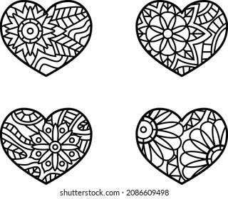 Handdrawn zentangle heart. Mandala style design for St. Valentine day cards. Coloring book pattern. Vector black and white doodle illustration.
