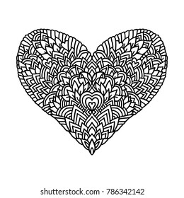 Handdrawn zentangle heart. Mandala style design for St. Valentine day cards. Coloring book pattern. Vector black and white doodle illustration.