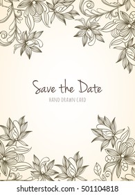 Hand-drawn zentangle style vector illustration of beautiful floral border with sketch flowers can be used for invitation, flyer, banner, website, cover  wedding or birthday card. Ethnic boho design.
