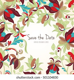 Hand-drawn zentangle style vector illustration of beautiful floral border with sketch flowers can be used for invitation, flyer, banner, website, cover  wedding or birthday card. Ethnic boho design.