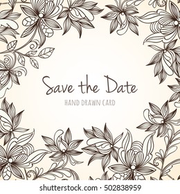 Hand-drawn zentangle style vector illustration of beautiful floral border with sketch flowers can be used for invitation, flyer, banner, website, cover  wedding or birthday card. Ethnic boho design.