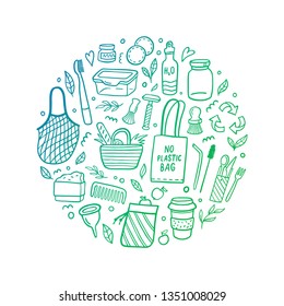 Hand-drawn zero waste concept. Gradient elements in eco-style. Doodle Vector illustration. Good for posters, banners, web design, books, flyer or cards.
