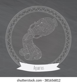 Hand-drawn zodiac aquarius with ethnic floral and geometric doodle pattern. Horoscope symbol for your use. For tattoo art, vector illustration, isolated on a chalkboard