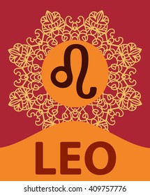 Hand-drawn zodiac Leo with ethnic floral geometric doodle pattern. Western Horoscope Symbol. Vector illustration. The lion. Fifth Zodiac icon with mandala print on background.