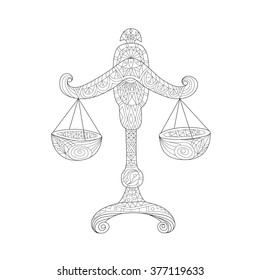 Hand-drawn zodiac libra with ethnic floral and geometric doodle pattern. Horoscope symbol for your use. For tattoo art, coloring book. Coloring page, relax for adults, antistress, vector illustration