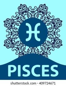 Hand-drawn zodiac Pisces with ethnic floral geometric doodle pattern. Western Horoscope Symbol. Vector illustration. The Fish. Zodiac icon with mandala print. Vector icon.