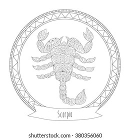 Hand-drawn zodiac scorpio with ethnic floral and geometric doodle pattern. Horoscope symbol. For tattoo art, coloring book. Coloring page, relax for adults, antistress, vector illustration