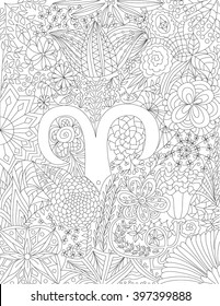 Hand-drawn zodiac sign aries with ethnic floral and geometric doodle pattern. Horoscope symbol. For tattoo art, coloring book. Coloring page, design for relax, antistress, vector illustration