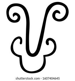 Hand-drawn zodiac sign Aries on a white background. Black letter V with wavy decoration at the bottom. Vector.