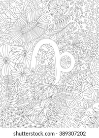 Hand-drawn zodiac sign capricorn with ethnic floral and geometric doodle pattern. Horoscope symbol. For tattoo art, coloring book. Coloring page, design for relax, antistress, vector illustration