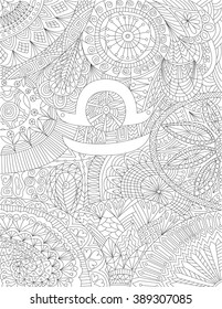 Hand-drawn zodiac sign libra with ethnic floral and geometric doodle pattern. Horoscope symbol. For tattoo art, coloring book. Coloring page, design for relax, antistress, vector illustration