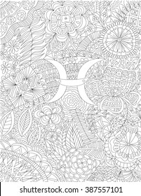 Hand-drawn zodiac sign pisces with ethnic floral and geometric doodle pattern. Horoscope symbol. For tattoo art, coloring book. Coloring page, design for relax, antistress, vector illustration