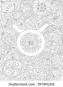 Hand-drawn zodiac sign taurus with ethnic floral and geometric doodle pattern. Horoscope symbol. For tattoo art, coloring book. Coloring page, design for relax, antistress, vector illustration