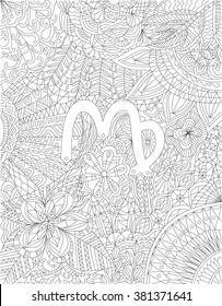 Hand-drawn zodiac sign virgo with ethnic floral and geometric doodle pattern. Horoscope symbol. For tattoo art, coloring book. Coloring page, design for relax, antistress, vector illustration