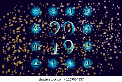 Hand-drawn zodiac signs set of horoscope symbols astrology icons collection. Horoscope for 2019 