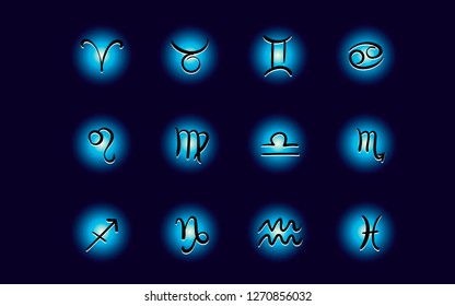 Hand-drawn zodiac signs set of horoscope symbols astrology icons collection on a dark blue background