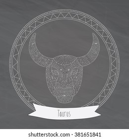 Hand-drawn zodiac taurus with ethnic floral and geometric doodle pattern. Horoscope symbol for your use. For tattoo art, vector illustration, isolated on a chalkboard