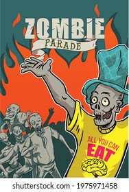 Handdrawn zombie parade with happy face and yellow t shirt