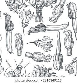 Hand-drawn zucchini flowers. Vector seamless pattern.