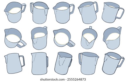 Hand-DrawnArtistic Sketch Collection of Milk Steaming Jugs for Coffee, Latte Art, and Cafe Beverage Design