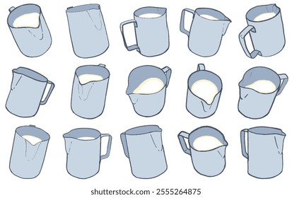 Hand-DrawnArtistic Sketch Collection of Milk Steaming Jugs for Coffee, Latte Art, and Cafe Beverage Design