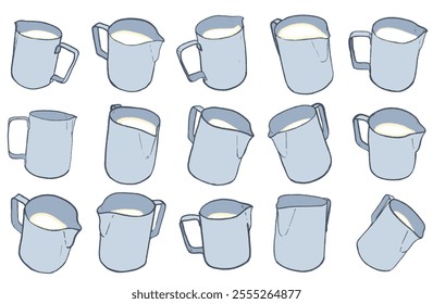 Hand-DrawnArtistic Sketch Collection of Milk Steaming Jugs for Coffee, Latte Art, and Cafe Beverage Design