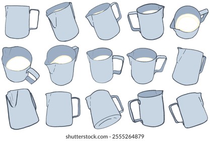 Hand-DrawnArtistic Sketch Collection of Milk Steaming Jugs for Coffee, Latte Art, and Cafe Beverage Design