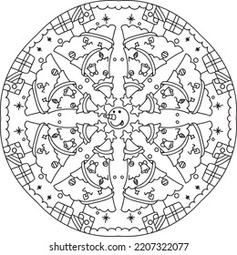 Hand-drawn.Christmas Tree and snowman mandala. Doodle art for Merry Christmas or Happy new year card. Coloring page for adults and kids.