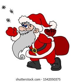 Hand-drawn.Christmas.Santa Claus carries a bag behind his back and catches snowflakes.
