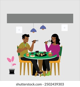 hand-drawn-flat-design-two person -eating-illustration-Enjoy the restaurant with cupule 