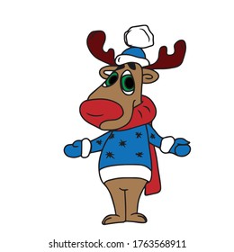 Hand-drawn.Holiday.A happy deer in a blue sweater and hat.on a white isolated background .design for banners and postcards