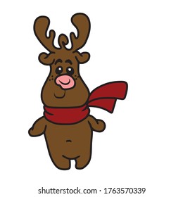 Hand-drawn.Holiday.A happy deer with a red scarf.Vector children's design for banners postcards