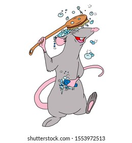 Hand-drawn.Perky rat washes under the shower with a large brush and soap.