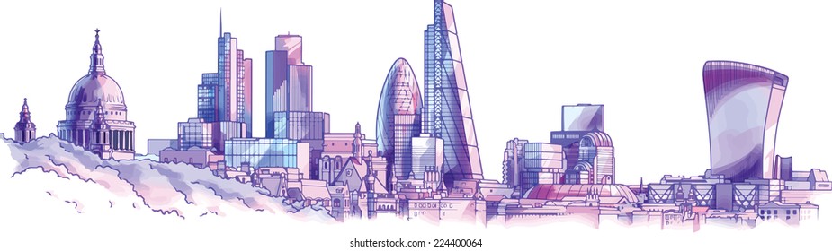 The hand-drown city skyline in a pastel shades. There are st.Paul's cathedral, an old heritage buildings, and the futuristic London city skyscrapers on a background. Editable vector EPS v10.0