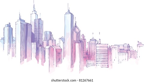 The hand-drown city skyline in a pastel shades.