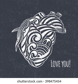 Hand-drown doodle heart in love. Valentine day background. Heart logo. Scissors icon. Vector illustration heart on texture background. Heart and love chalk design on black grunge pattern.