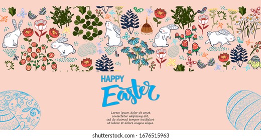 Handdrown Easter background with eggs, chicken, rabbit and flowers.
