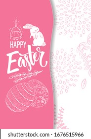 Handdrown Easter background with eggs, chicken, rabbit and flowers.