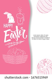 Handdrown Easter background with eggs, chicken, rabbit and flowers.