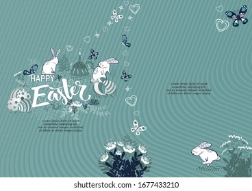 Handdrown Easter background with eggs, rabbit and flowers.