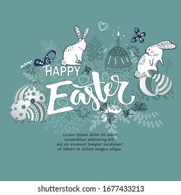 Handdrown Easter background with eggs, rabbit and flowers.