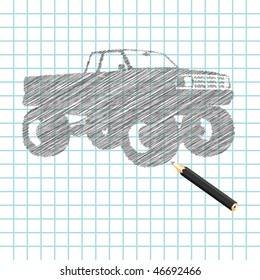 Hand-drown monster truck sketch, vector illustration