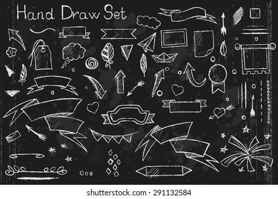 A hand-drown set on black background of pencil elements: arrows, brushes, banners etc with white outlines
