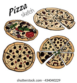 hand-drown   sketch of pizza set . Designe for menu