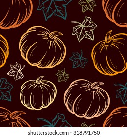 Hand-drown vector pumpkin seamless pattern on a dark background.