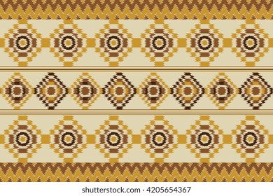 Hand-dyed weft thread edges, brown and beige cream palette, in Flores Lombok style, featuring stepped motifs, Seamless ethnic ikat pattern.