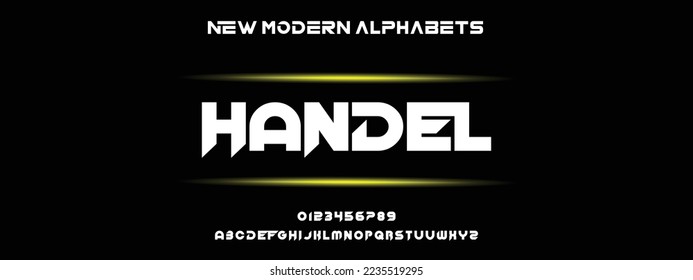 HANDEL Unique and Minimal Tech Letter set for your new startup. Creative and original font logo design. Gaming and sports vector typeface